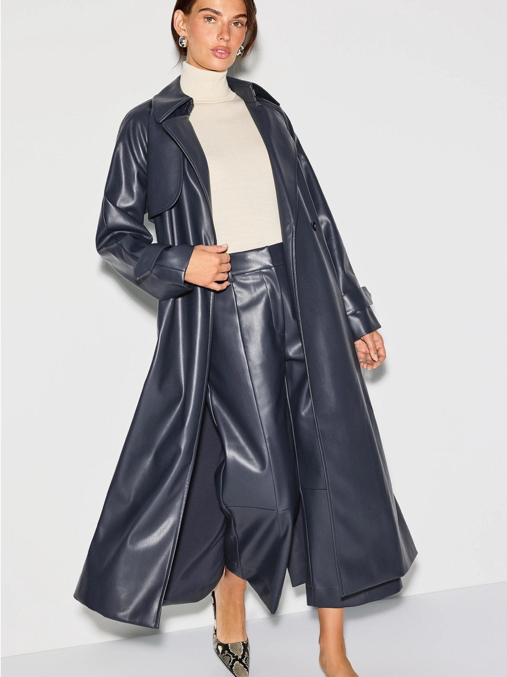 Long Faux Leather Trench Coat In Navy